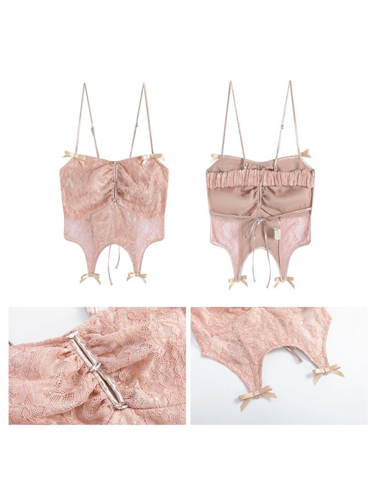 Peach Lace Camisole + Low Waist Lace Half Skirt Set