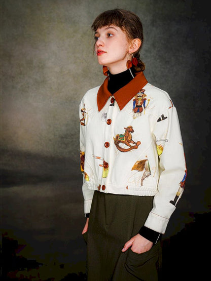 British retro brown red polo collar short jacket