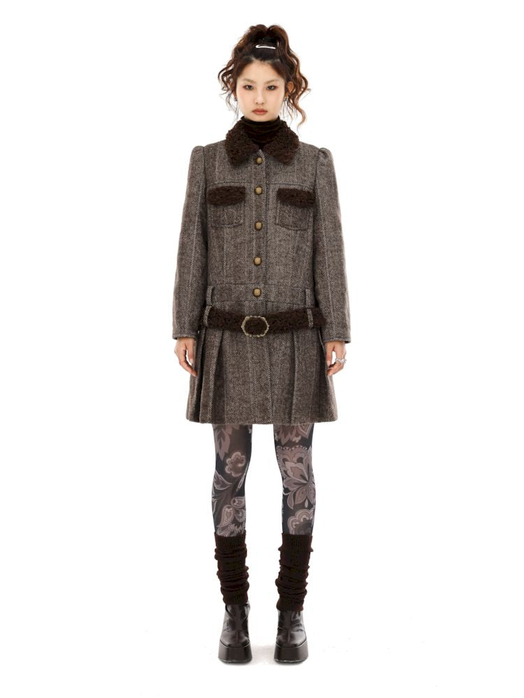 Tweed Single Breasted Coat Jacket Pleated Skirt