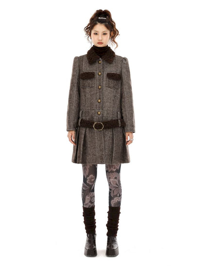 Tweed Single Breasted Coat Jacket Pleated Skirt