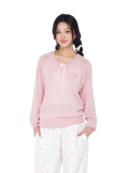 Wheat ears embroidery label soft V-neck loose long-sleeved jumper