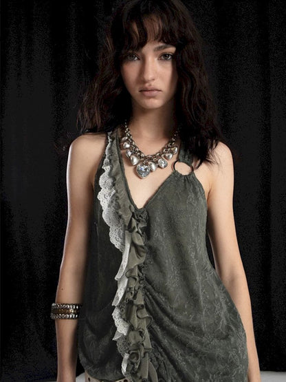 Spliced Ruffle Lace Dark Jacquard Camisole Tank Top