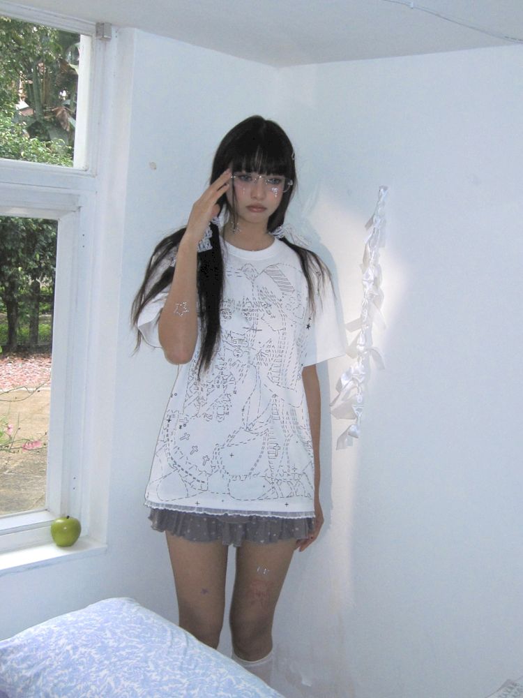 Black and white loose lace T-shirt