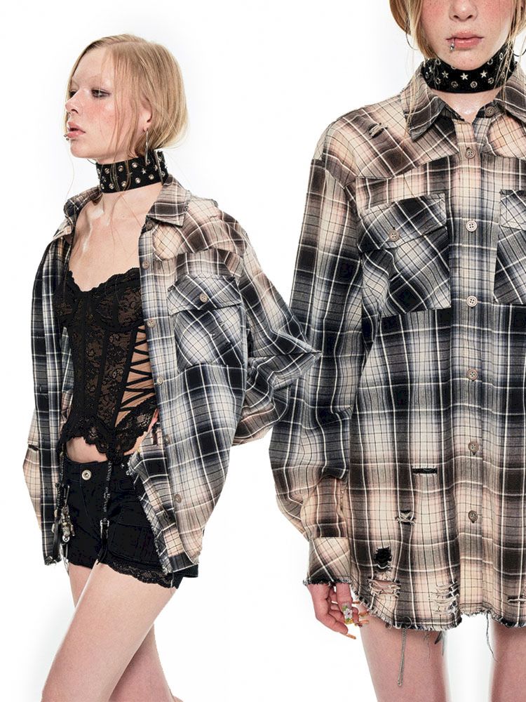 Washed do old plaid long-sleeved shirt