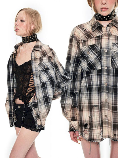 Washed do old plaid long-sleeved shirt