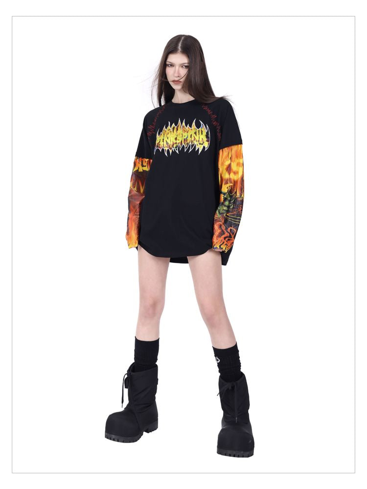 Flame Cat Concept Genderless Loose Street Patchwork Sleeve T