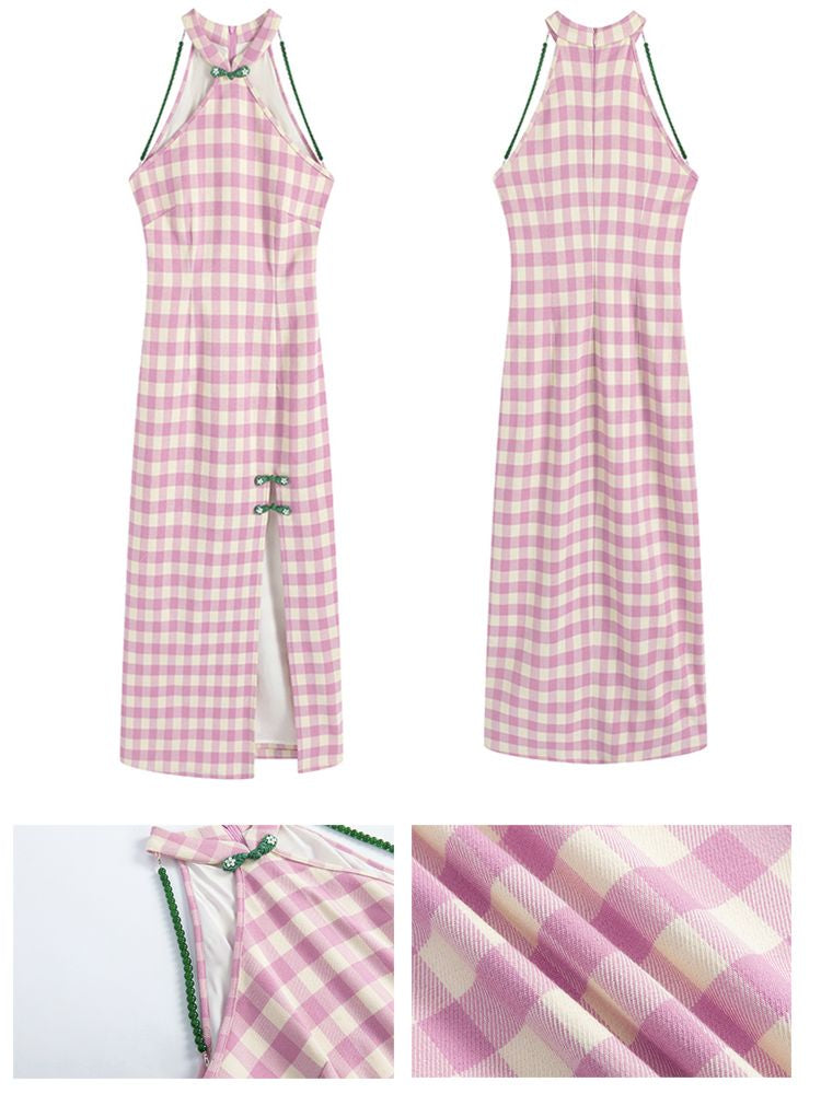 Pink Check Slim Long Cheongsam Dress