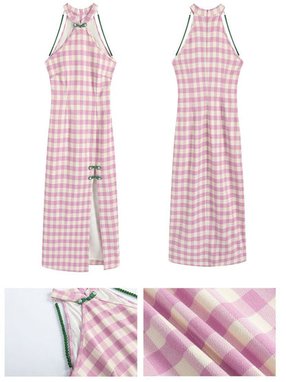 Pink Check Slim Long Cheongsam Dress