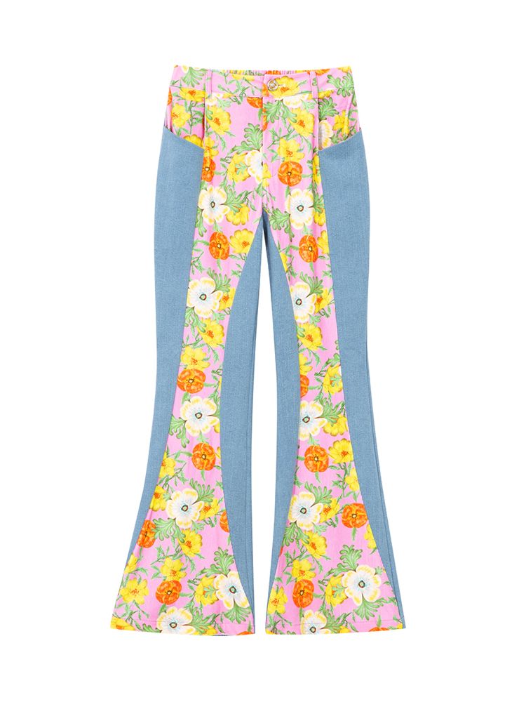 Spliced flowers stretch denim flared pants