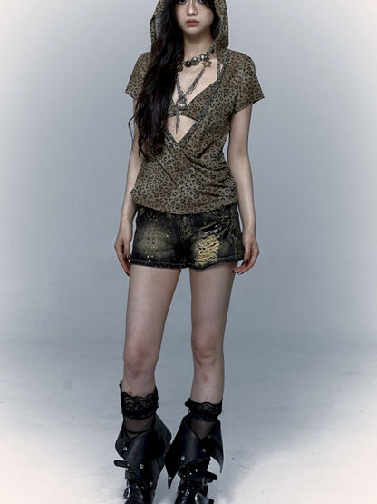 Metallic Leopard Mesh Hooded Hottie Short Sleeve T-Shirt