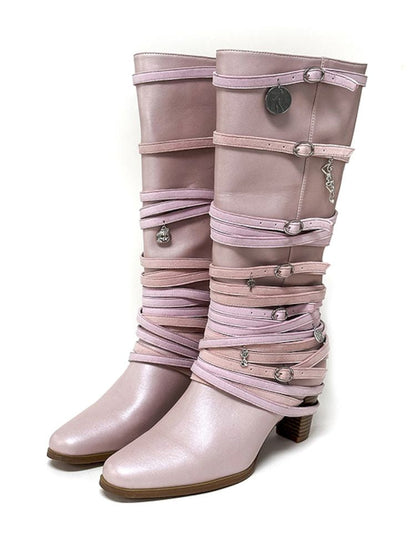 Ancient Coin Pink Stacked Lace-Up Boots