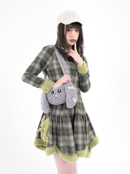 Bunny Doll Green Brown Plaid Petal Dress