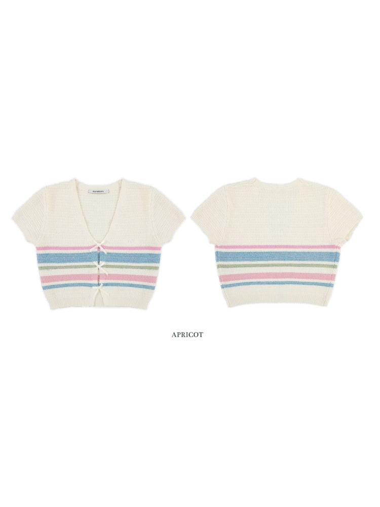 Stripe texture feeling bow short sleeve V-neck knit tops