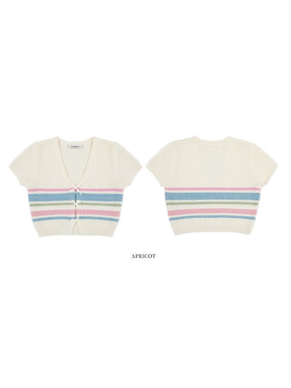 Stripe texture feeling bow short sleeve V-neck knit tops