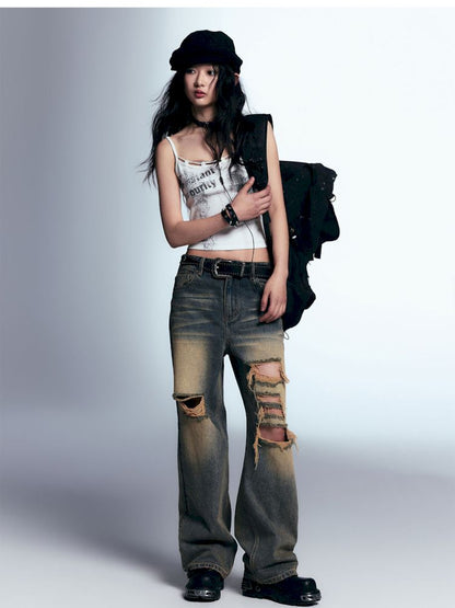 Raw edge loose straight jeans