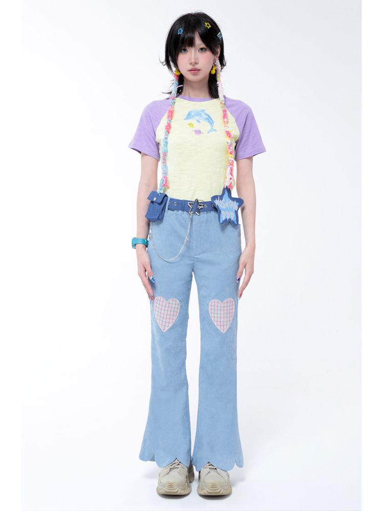 Dopamine Thin Corduroy Love Collage Blue Petal Flared Pants