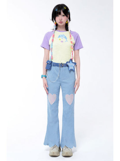 Dopamine Thin Corduroy Love Collage Blue Petal Flared Pants