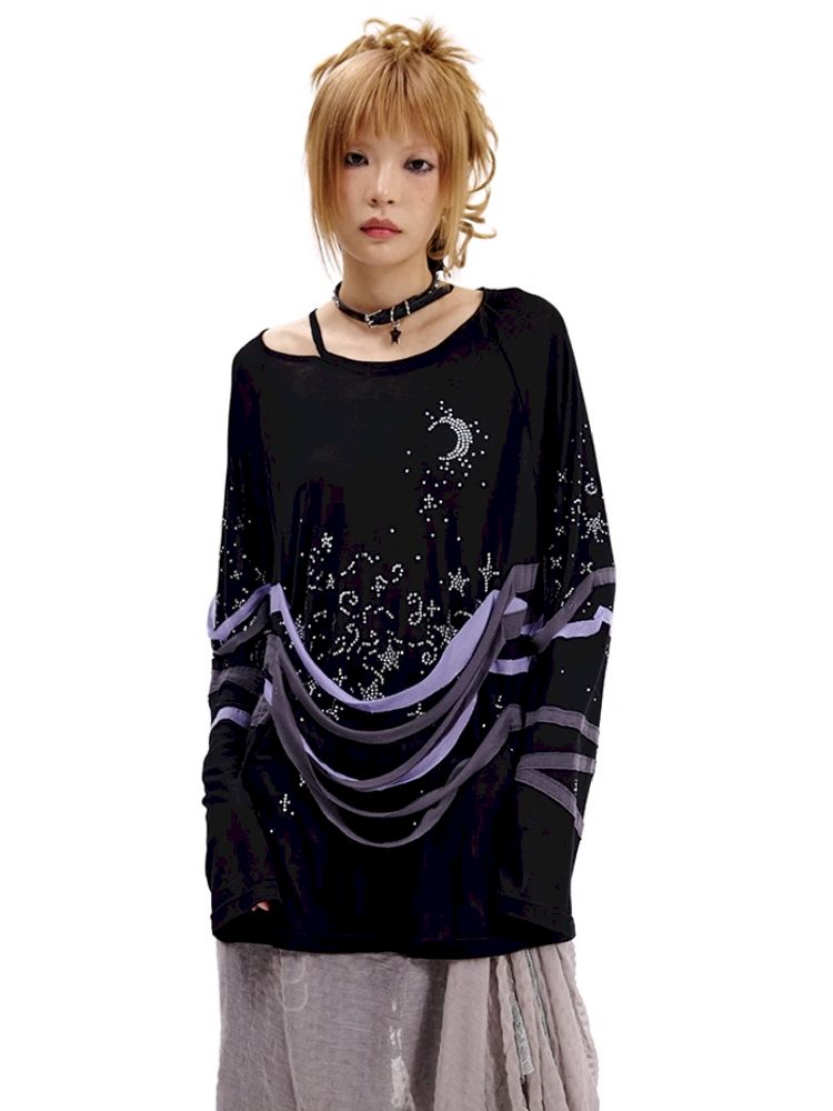 Starry Night Rhinestone Long Sleeve T-Shirt