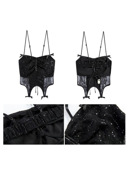 Black Lace Camisole + Low Waist Lace Half Skirt Set