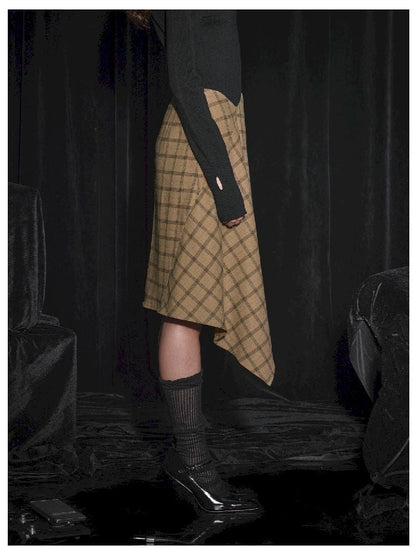 Half Tweed Draped Elegant Plaid Skirt