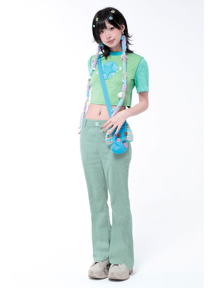 Simple Thin Solid Color Green Petal Flared Pants