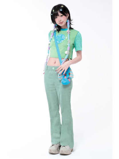 Simple Thin Solid Color Green Petal Flared Pants