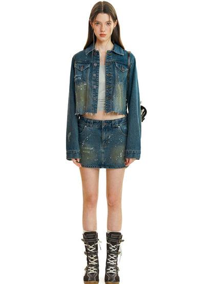 Heavy industry splash ink spray denim short skirt