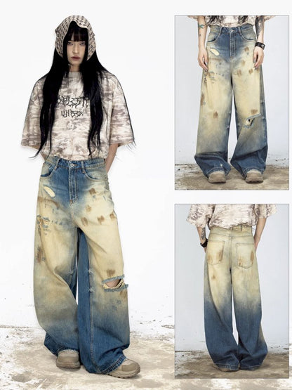 Yellow mud dyed ripped blue straight jeans