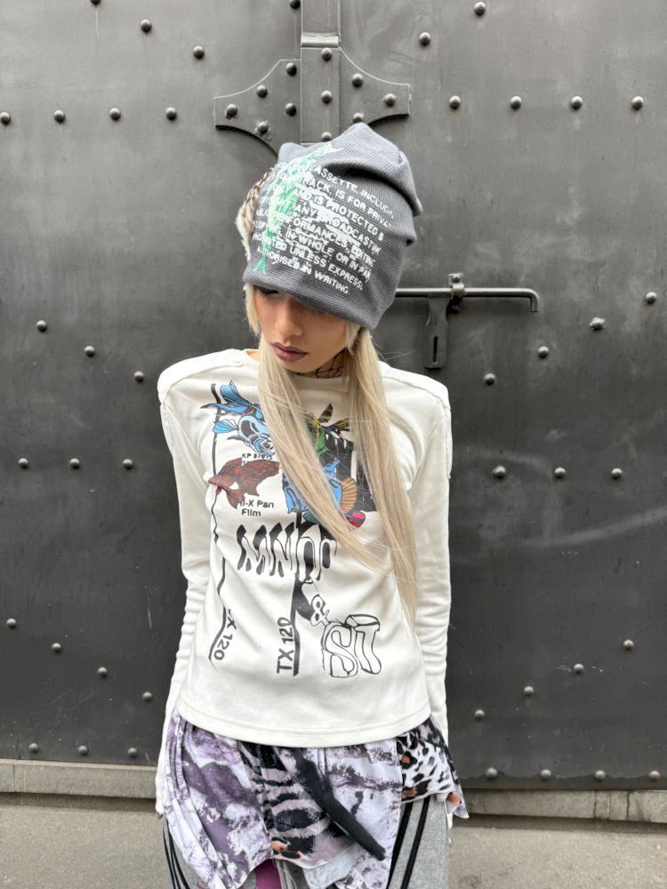 Printed Feather Two Color Knit Hat