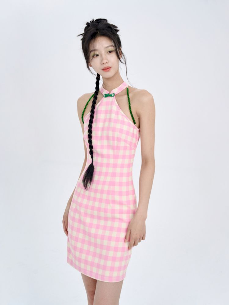 Pink Check Slim Short Dress