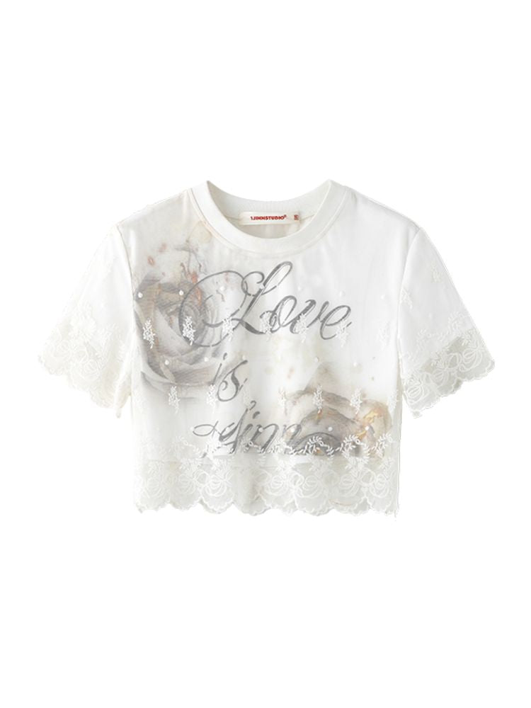 Lace false two pieces splicing short-sleeved T-shirt