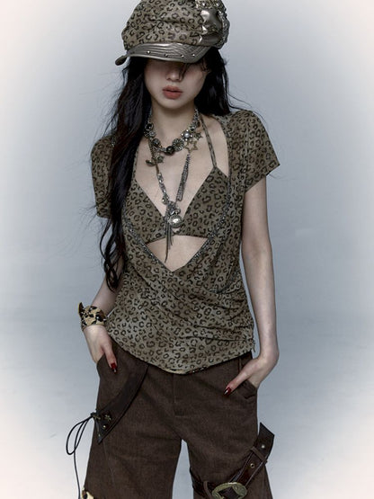 Punk Leopard Print Splicing Rivets Beret