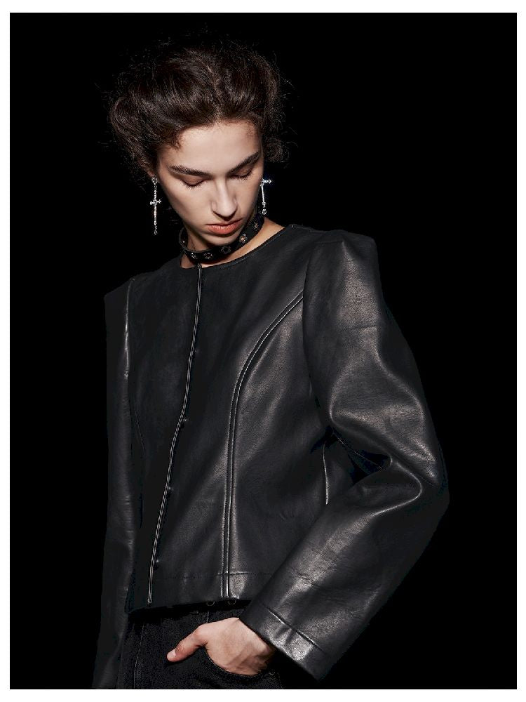 Magnetic snap styling waist slimming leather jacket