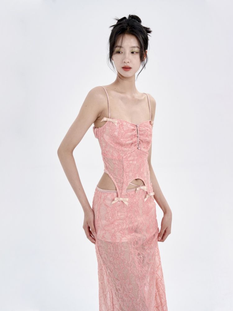 Peach Lace Camisole + Low Waist Lace Half Skirt Set