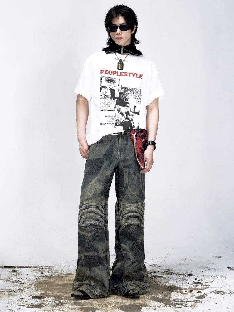 Dirty Dye Frayed Spliced Wide Leg Jeans