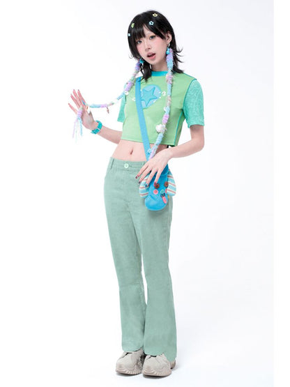 Simple Thin Solid Color Green Petal Flared Pants