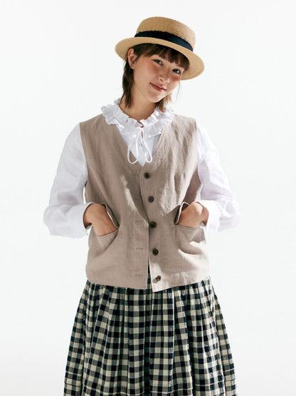 Retro Casual V-neck Linen Vest Jacket