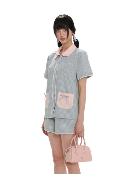 Lace Bow Embroidery Short Sleeve Shorts Pajama Set