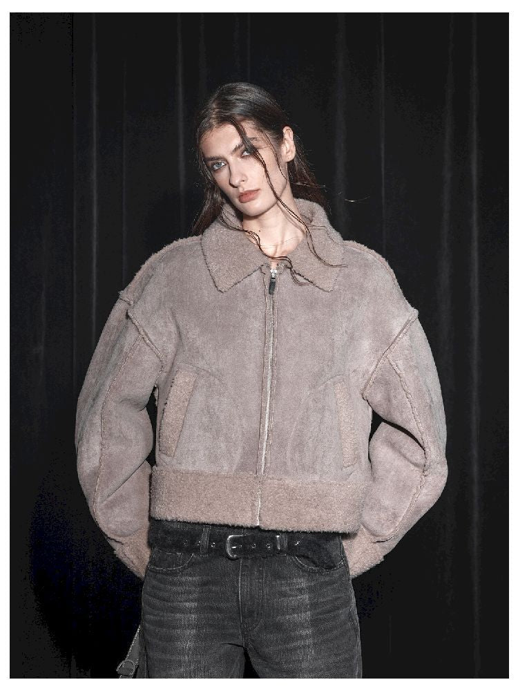 Patchwork Suede Lamb Fur Loose Zipper Jacket