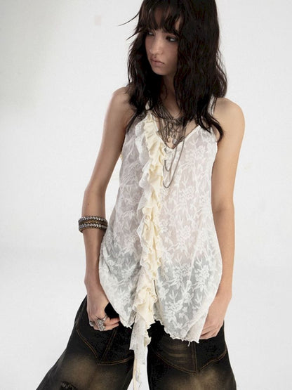 Spliced Ruffle Lace Dark Jacquard Camisole Tank Top