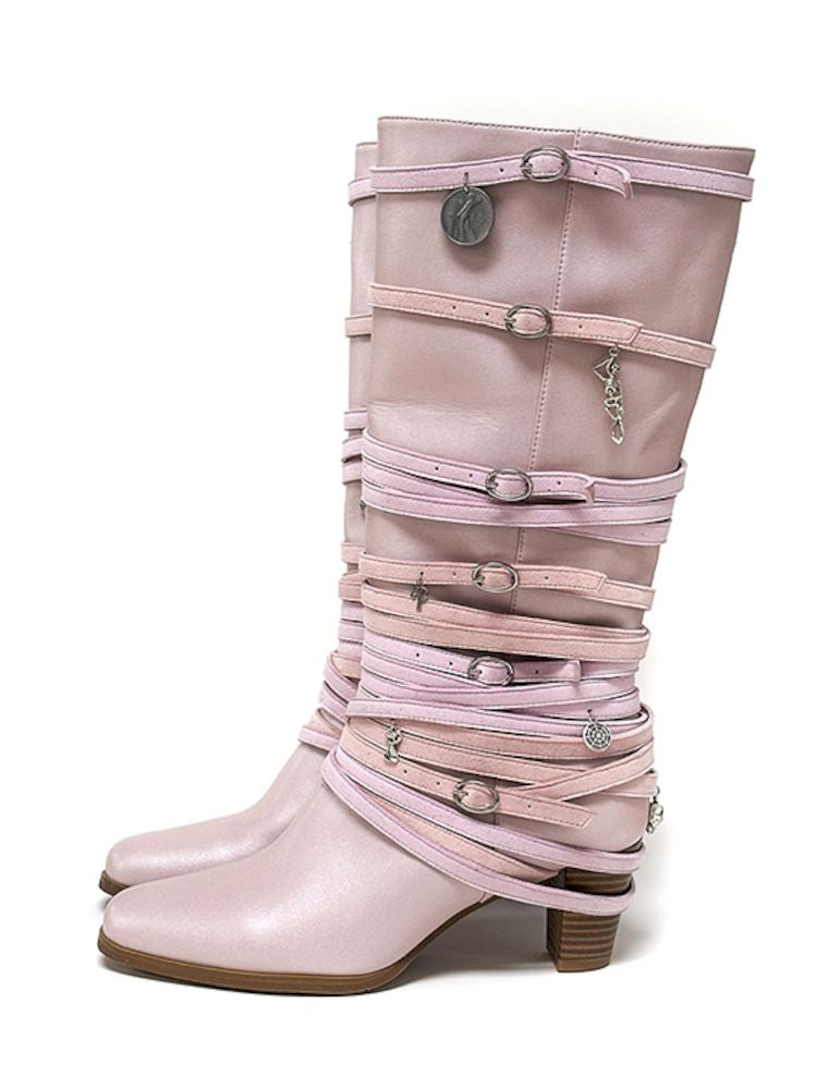 Ancient Coin Pink Stacked Lace-Up Boots