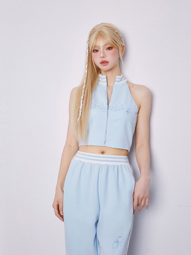 Cut Off Shoulder Sleeveless Top Casual Pants Sweatshirt Three Piece Set