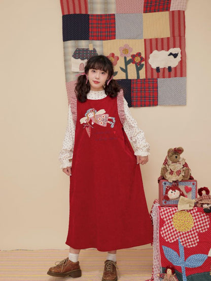 Lace Corduroy Red Vest Dress