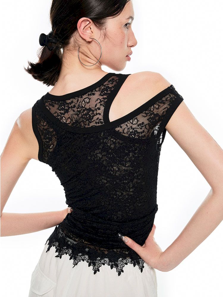 Slant Shoulder Asymmetric Lace See Through Overlay Vest