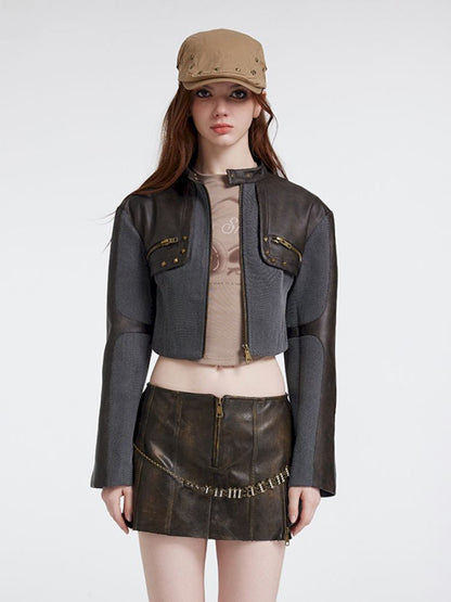 Knit splicing leather biker jacket