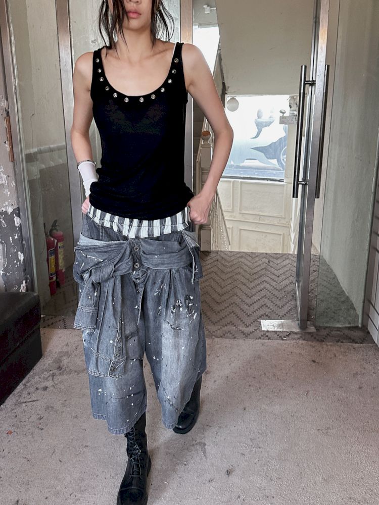 Ink splattered heavy deconstructed junk rock shirt modified thin jeans