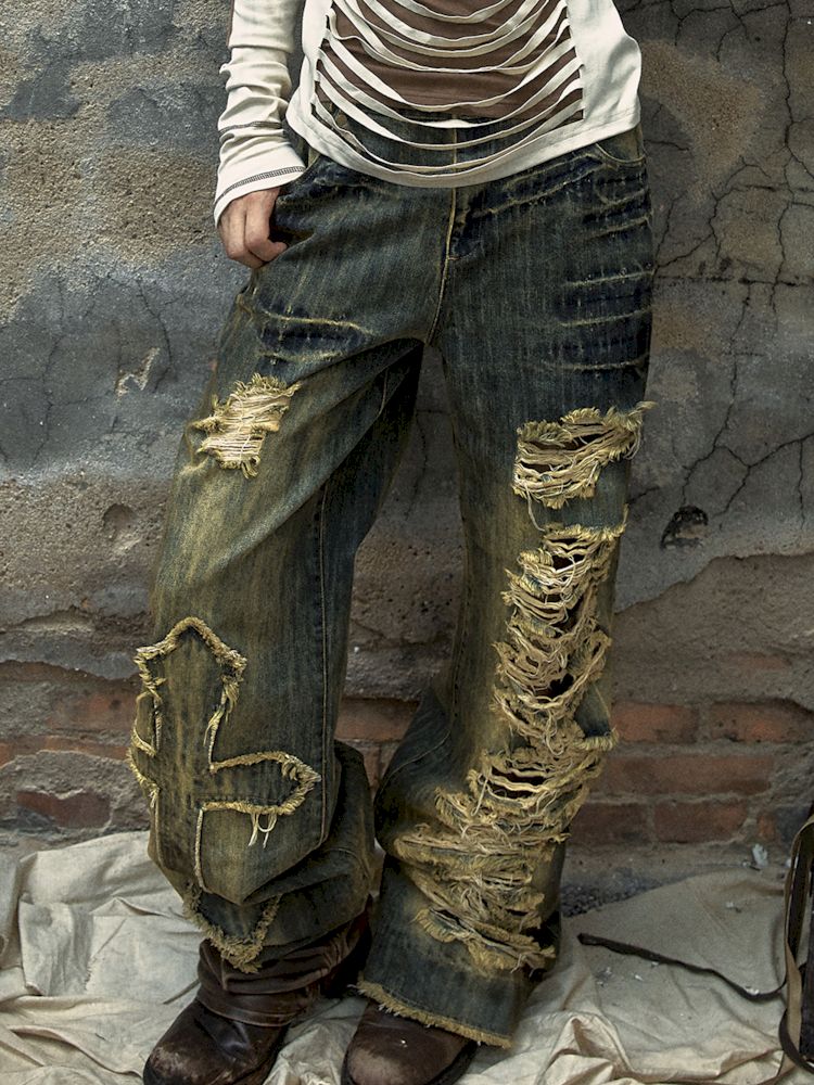 Washed ripped holes loose wide leg jeans