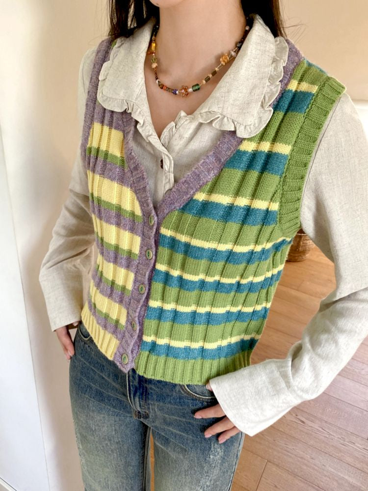 Striped Layered Knit Cardigan Vest