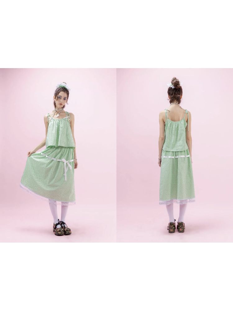 Green Plaid Bow Loose Short Suspenders