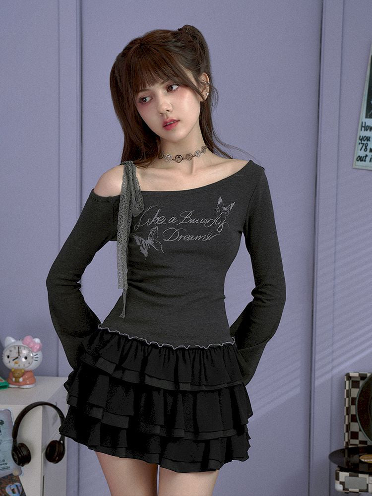 Bow strapless long-sleeved T-shirt